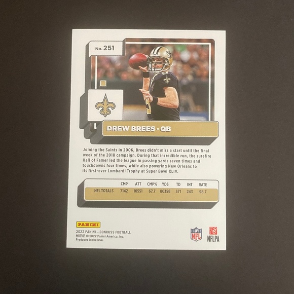 Drew Brees: New Orleans Saints, Quarterback 2022 Panini Donruss Football #251 - Picture 2 of 2